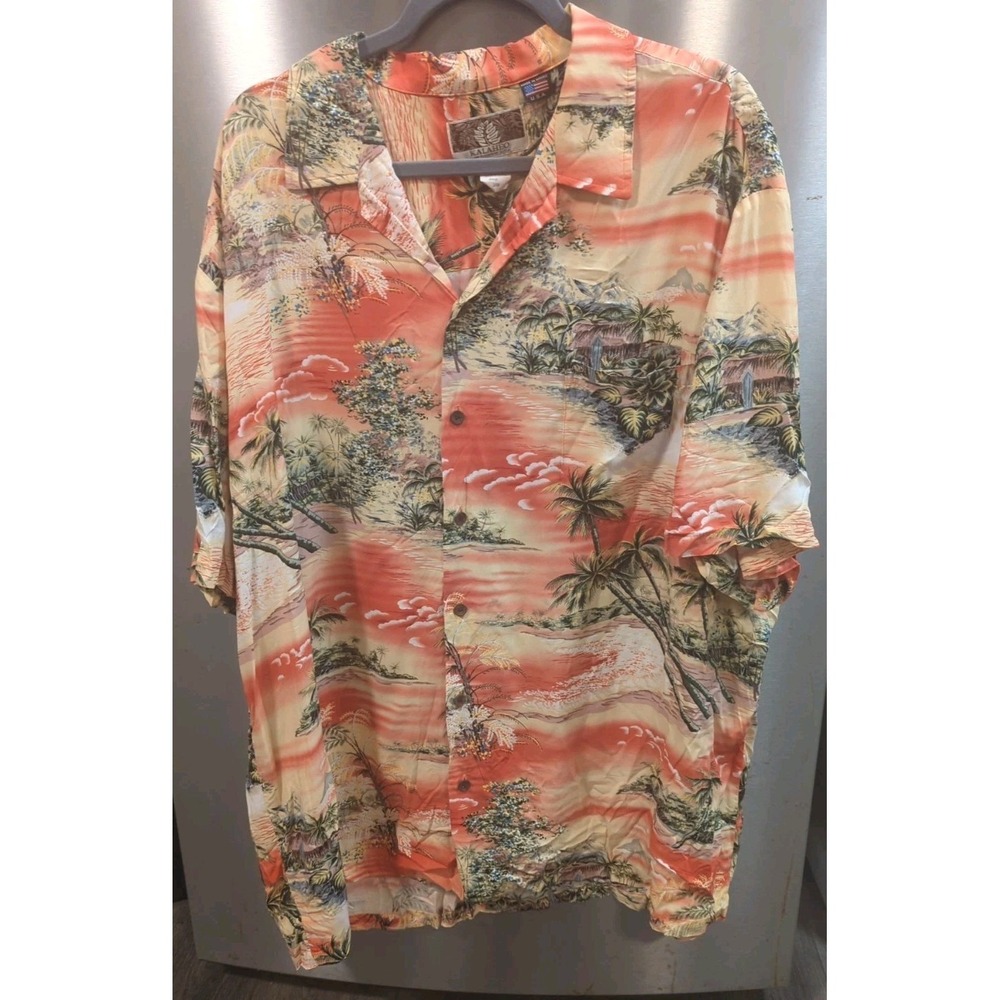 Kalaheo Hawaiian Camp Shirt 2XL Orange‎ Palm Trees Aloha AOC USA Waterfall Beach